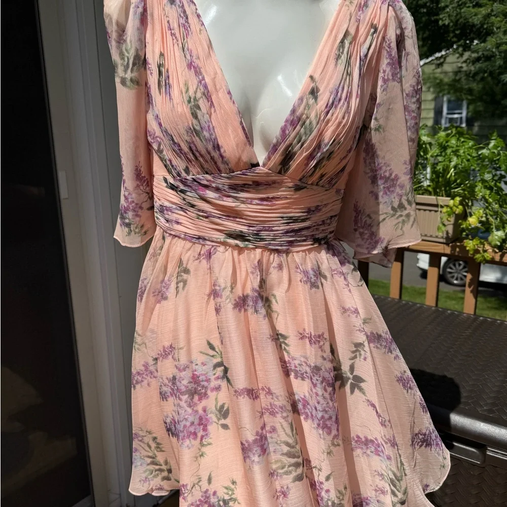 Ieena for Mac Duggal Pink Floral Flutter Sleeve Deep V Neck Mini Dress Size 6 - Picture 2 of 16
